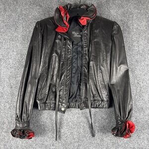 Vintage 80s Marco Morani Leather Ruffle Jacket Argentina Made Black Red Size 12